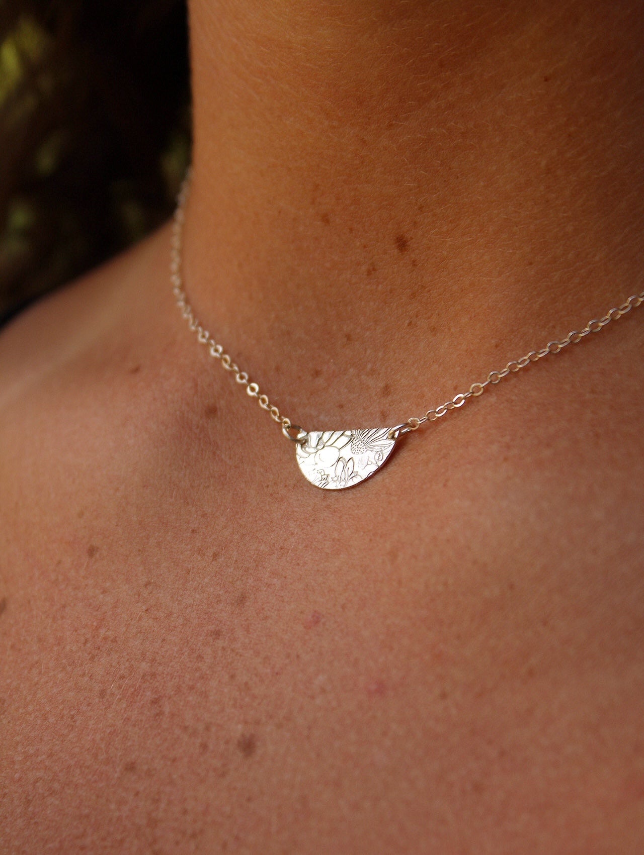 Floral Stamped Half-Moon Necklace