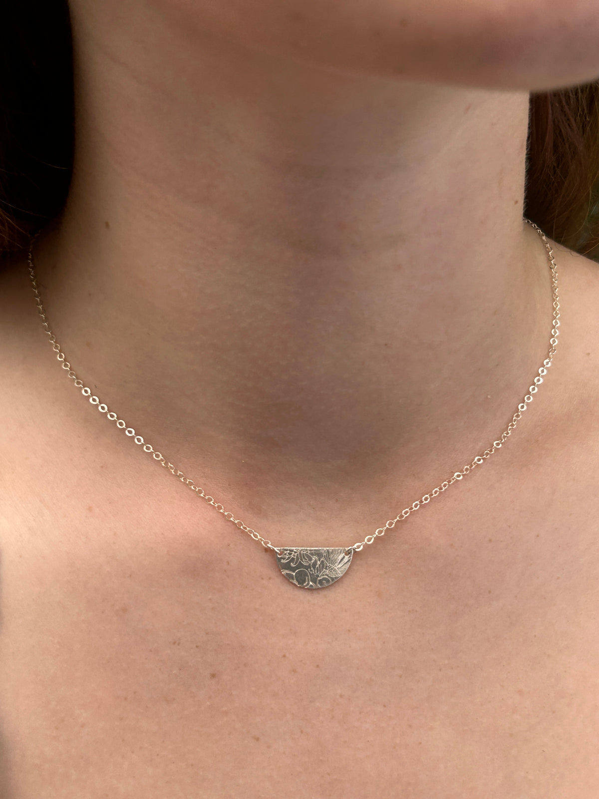 Floral Stamped Silver Half-Moon Pendant Necklace