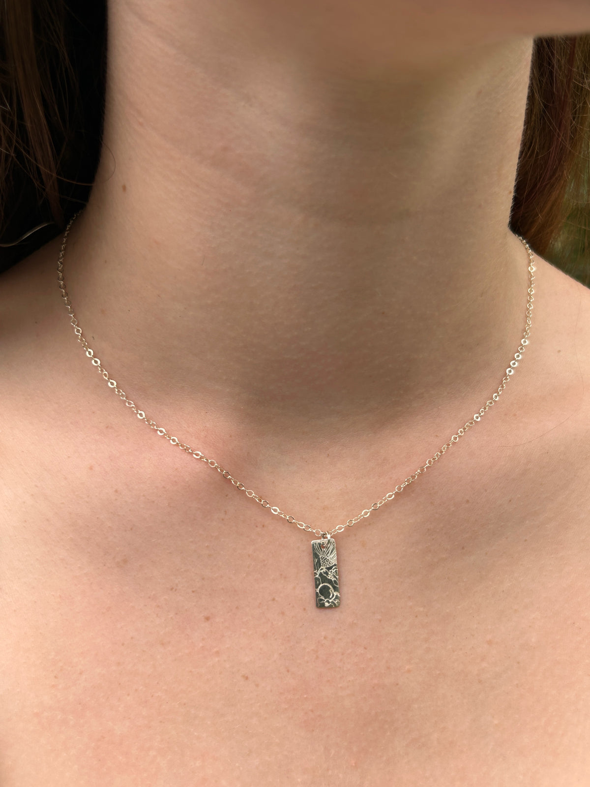 Floral Stamped Silver Rectangle Pendant Necklace