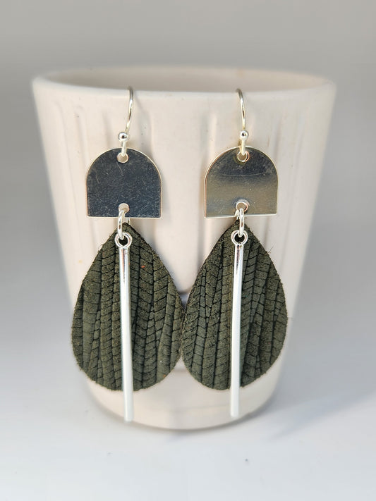 Army Green Small Textured Leather Teardrop