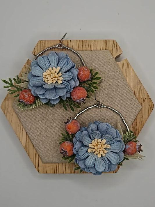 Baby Blue Wildflower Earrings with Coral Berries