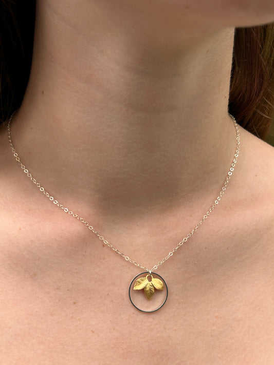 Mixed Metals Gold Leaves Pendant with Silver Circle Necklace