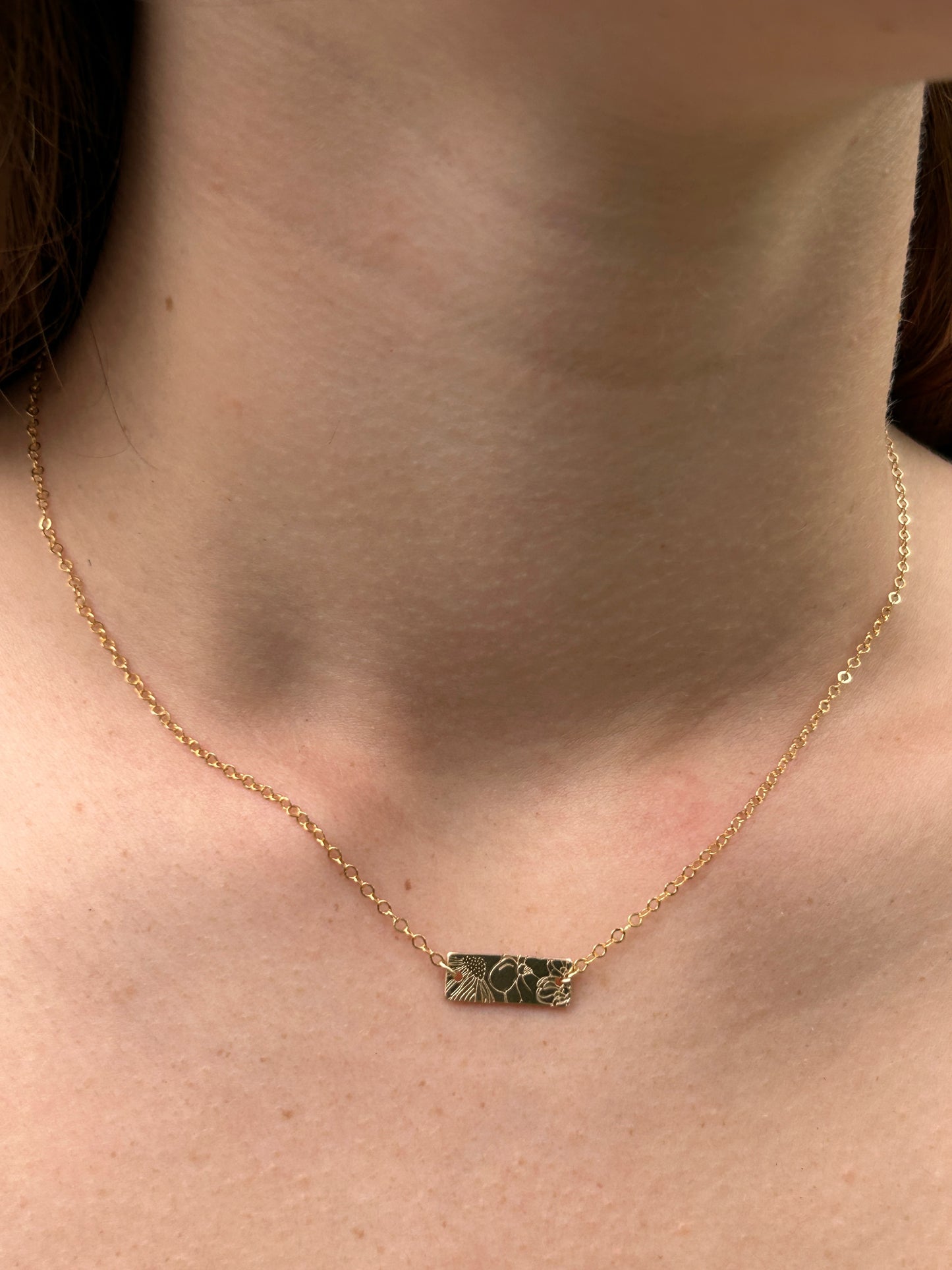 Floral Stamped Gold Bar Necklace