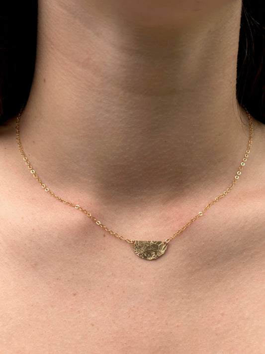Floral Stamped Gold Half-Moon Pendant Necklace