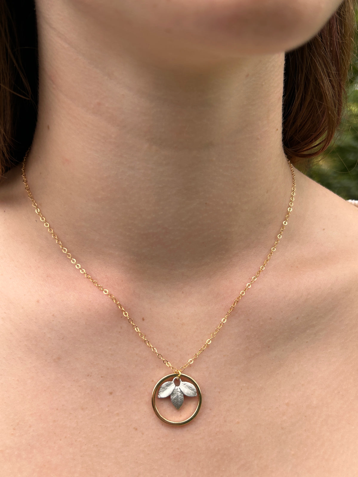 Mixed Metals Silver Leaves Pendant with Gold Circle Necklace