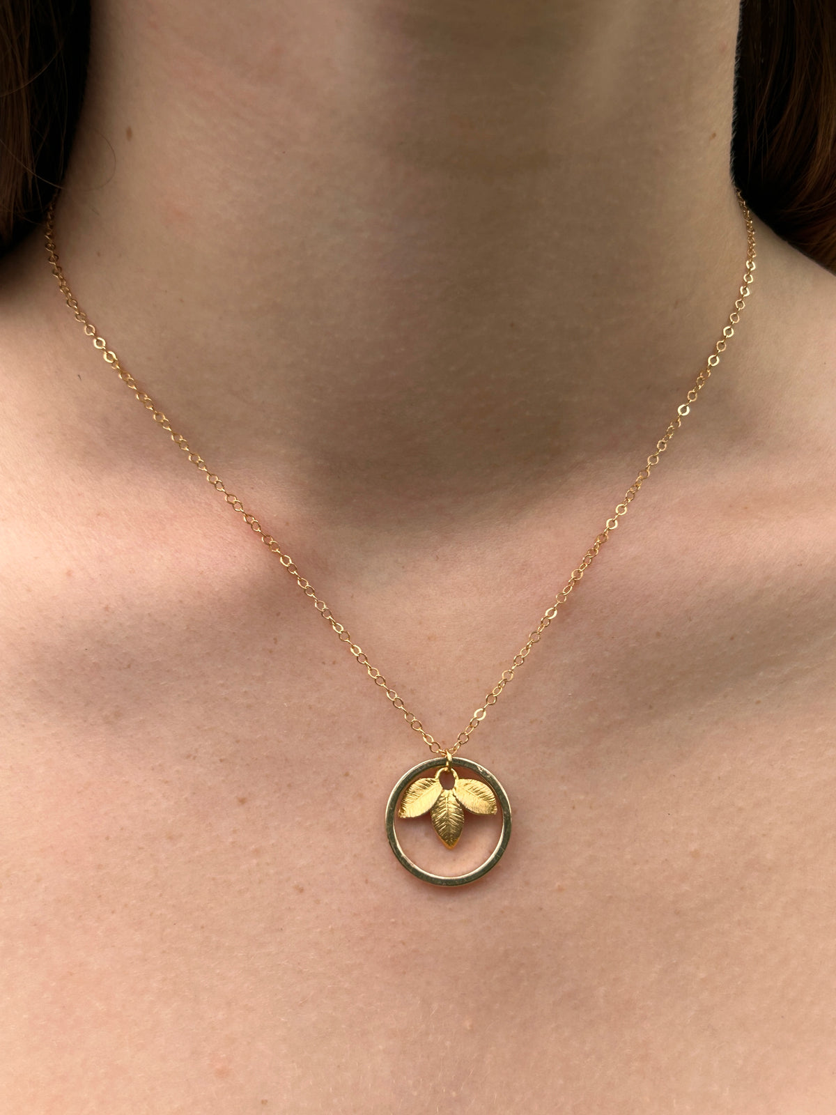 Gold Leaves Pendant with Gold Circle Necklace