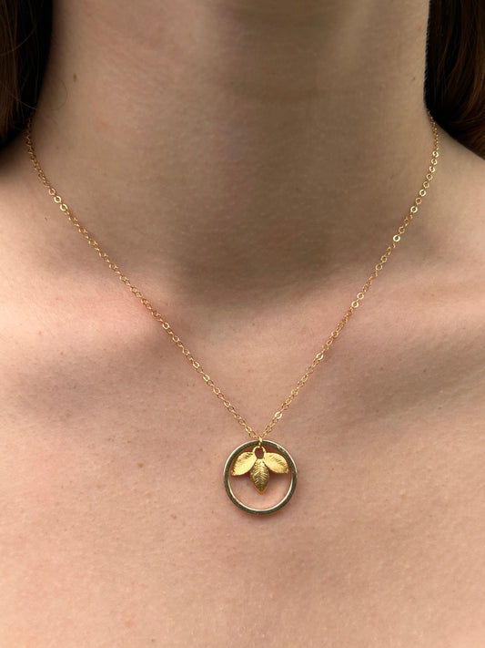 Gold Leaves Pendant with Gold Circle Necklace